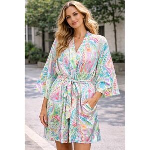 Lauren Ralph Lauren Watercolor Paisley Silk Like Robe Pink Blue Green Size M